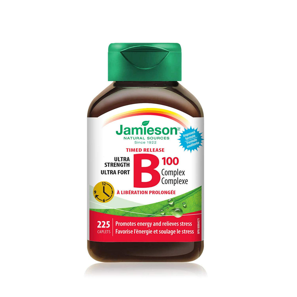 Jamieson Timed Release B100 bottle front highlights energy support for daily routines.