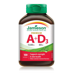 Jamieson Vitamin A and D fortified bottle front view with softgels for daily support