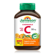 Jamieson Vitamin C Orange bottle pouring 120 chewables for immune support