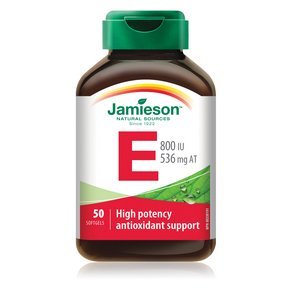 Jamieson Vitamin E 800 IU bottle shown for easy daily supplementation.