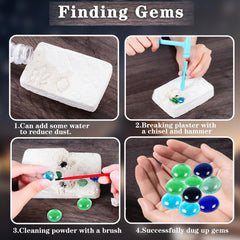 Janeunique Gemstone Dig Kit shows 10 gemstones waiting to be discovered with brushes.