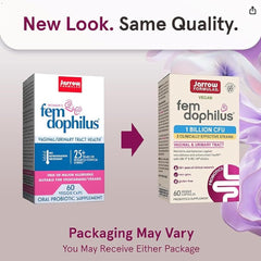 Close-up of Fem-Dophilus capsules highlighting GR 1 and RC 14 for women's health.