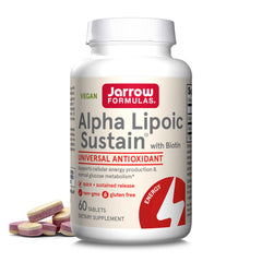 Jarrow Formulas Alpha Lipoic Sustain bottle on a shelf, visualizes antioxidant support.