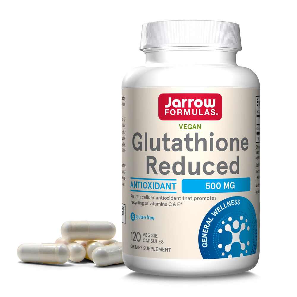 Jarrow Formulas Glutathione Reduced 500 mg bottle supports daily antioxidant routine.