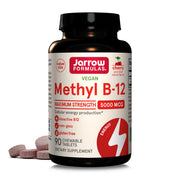 Jarrow Formulas Methyl B-12 cherry chewable tablet front view; supports cellular energy.