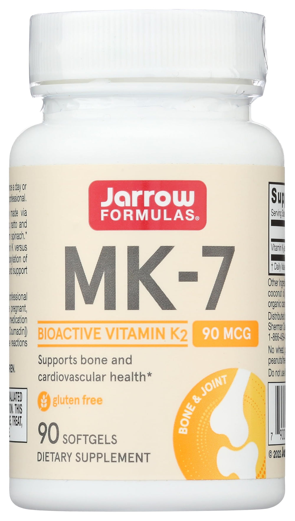 Jarrow Formulas MK-7 softgel bottle shown for daily vitamin K2 support for bones and heart.