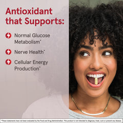 Label close-up shows biotin and bilayer tablet technology for steady ALA levels.