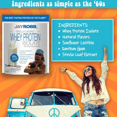 JAYROBB Whey Protein Vanilla container close-up highlights non-GMO ingredients.