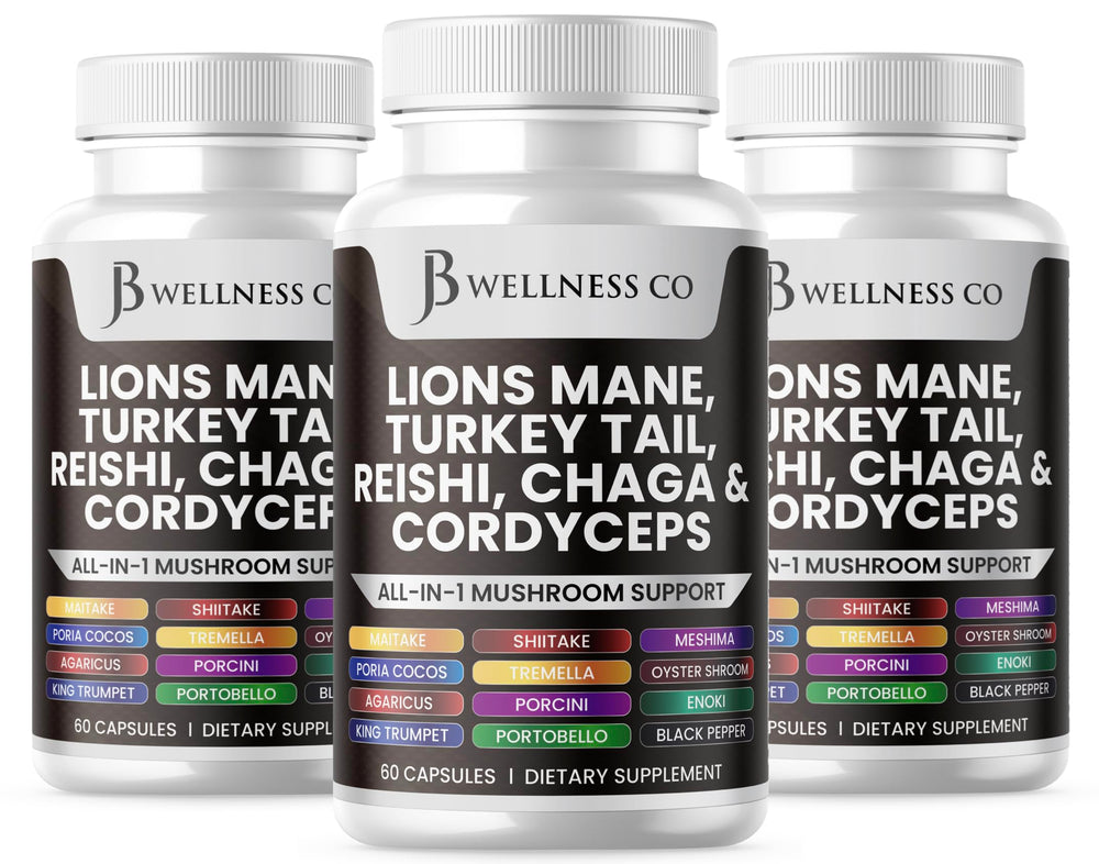 JB Wellness Co Lions Mane bottle close-up for cognitive support.