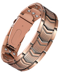 Jecanori men's copper bracelet with Roman-pattern close-up, showcasing durable elegance