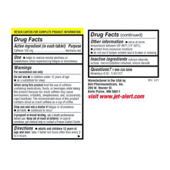 Jet-Alert 100 mg caffeine tab label closeup showing clear dosing.