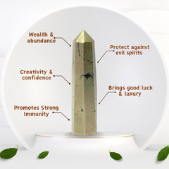 Jet International Pyrite Obelisk, side view, stabilizing energy for focus.