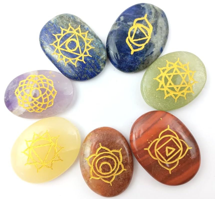 Jet International 7 Chakra Oval Reiki Set full stones arranged for balanced energy and meditation