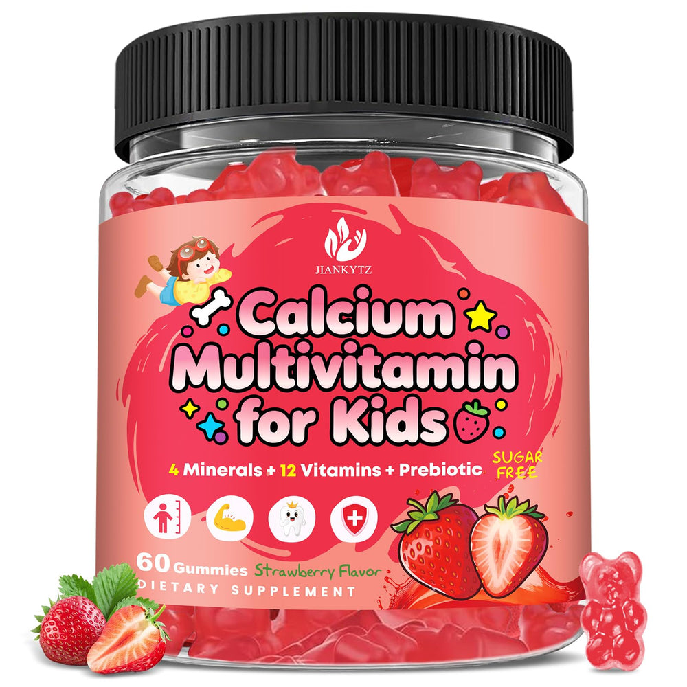 JIANKYTZ bottle of sugar-free calcium multivitamin gummies for kids pouring to show daily nutrition