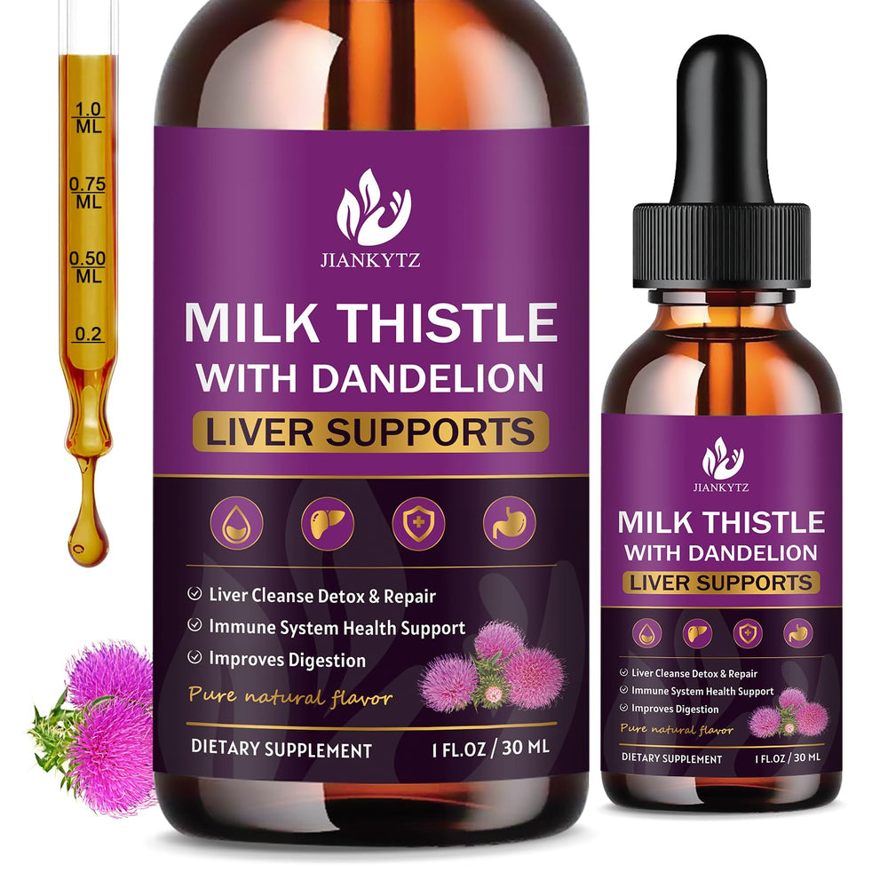 JIANKYTZ Milk Thistle Drops bottle with amber liquid for daily detox.