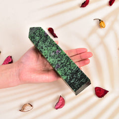 JIC Gem Anyolite Ruby Zoisite wand highlighting unique pattern.