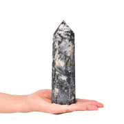 JIC Gem black tourmaline tower with white quartz wand, ideal for meditation and protection grids.