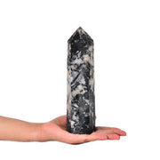 JIC Gem black-white tourmaline obelisk front view for desk decor and calm ambiance
