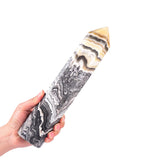 JIC Gem black and yellow calcite obelisk tower for meditation and decor.
