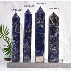 JIC Gem blue sodalite obelisk tower on wood desk showing natural variation.