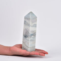 JIC Gem Celestite wand with aura blue calcite tower enhances calm focus for meditation