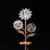 JIC Gem Clear Quartz Sunflower on stand viewed from top for elegant mantel decor.