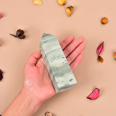 JIC Gem dendritic sage-green jasper wand supports balanced energy during meditation.
