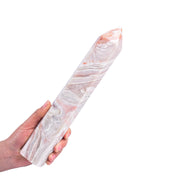 JIC Gem large pink agate geode tower wand shows natural druze crystals for meditation.
