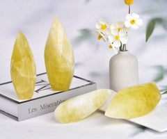 JIC Gem Lemon Quartz Tower displayed on a desk for concentration ambiance