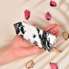 JIC Gem natural crystal tower wand with striking zebra jasper patterns.