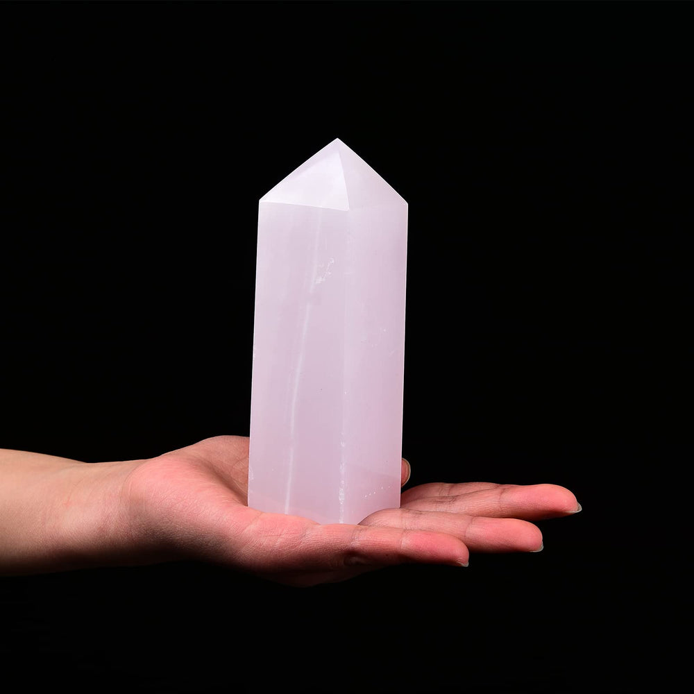 JIC Gem pink rose calcite quartz obelisk tower for meditation and balance.