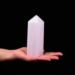 JIC Gem pink rose calcite quartz obelisk tower for meditation and balance.