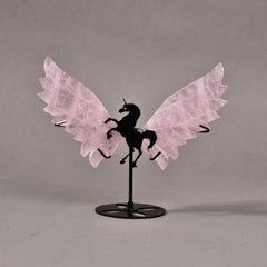 JIC Gem rose quartz unicorn wings on stand for serene decor.
