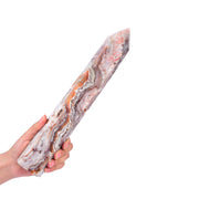 JIC Gem striped agate quartz wand tower, calming energy and focal aesthetics.