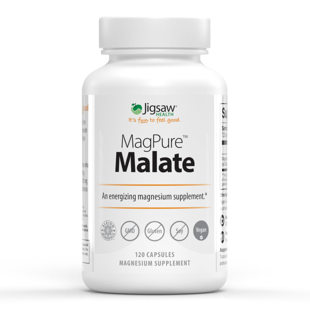 Jigsaw Health MagPure Malate bottle on a clean surface for daily magnesium support.