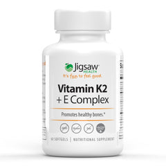 Jigsaw Health Vitamin K2 + E Complex bottle front, supporting daily bone health.