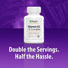 Jigsaw Health Vitamin K2 + E Complex label close-up highlighting MenaQ7 K2 for bone support.