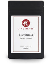 Jing Herbs Eucommia extract powder bag for daily use in a compact resealable package.