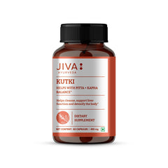 Jiva Ayurveda Kutki capsules bottle with label; supports liver health and daily balance.