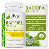 Jiva Botanicals Bacopa bottle label highlighting 1000 mg per serving for cognitive support.