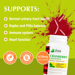 Jiva Botanicals cranberry capsules in an amber bottle suggest vegan-friendly nutrition.