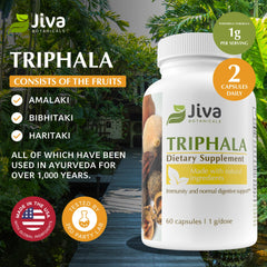 Jiva Botanicals Triphala capsules ready-to-swallow for a simple daily digestive routine.