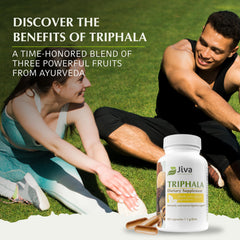 Jiva Botanicals Triphala label close-up highlights premium Ayurvedic blend and purity.
