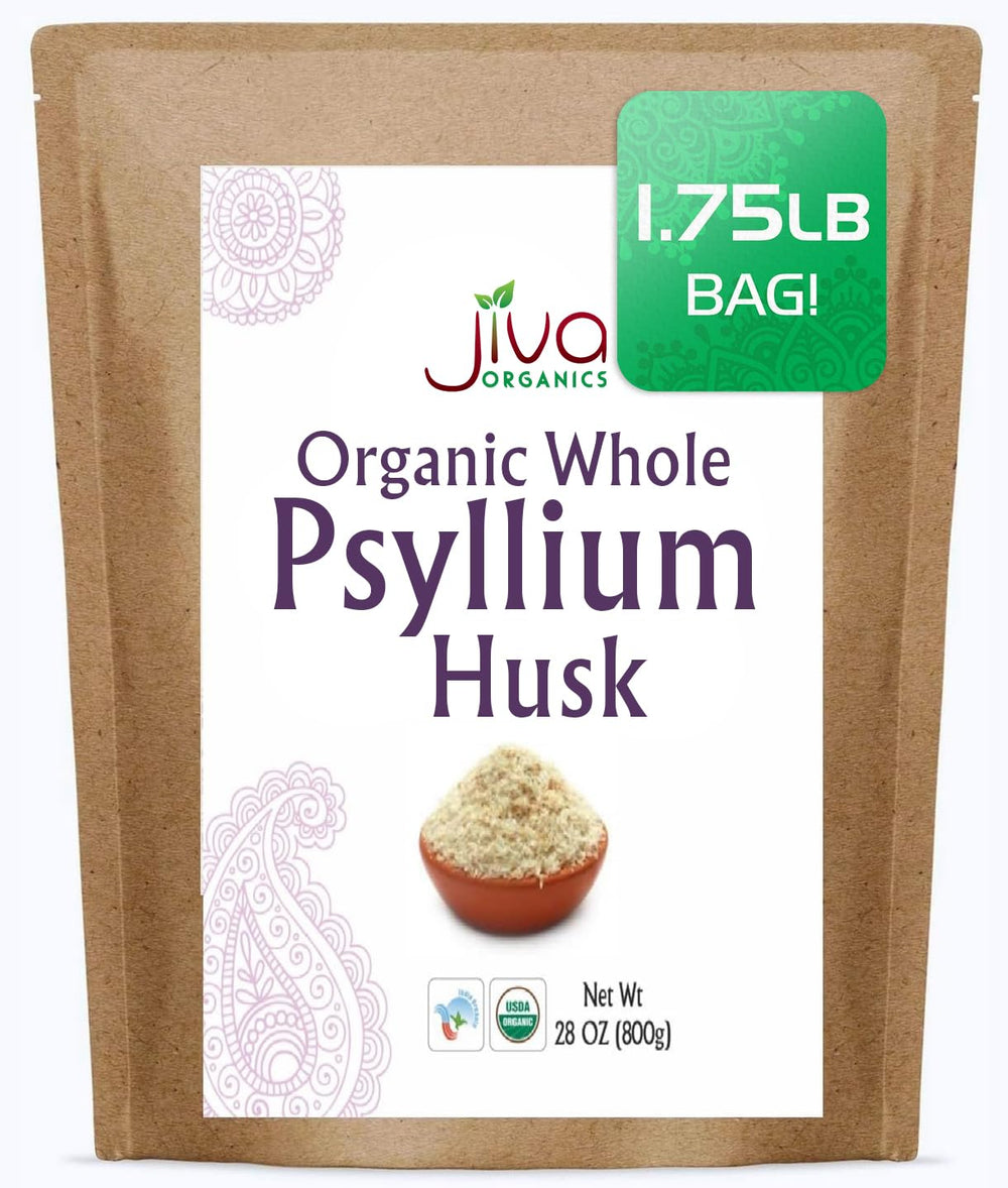 Jiva Organics psyllium husk bag on counter highlighting premium organic fiber for daily recipes