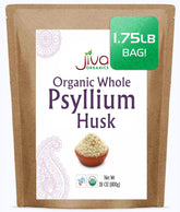 Jiva Organics psyllium husk bag on counter highlighting premium organic fiber for daily recipes