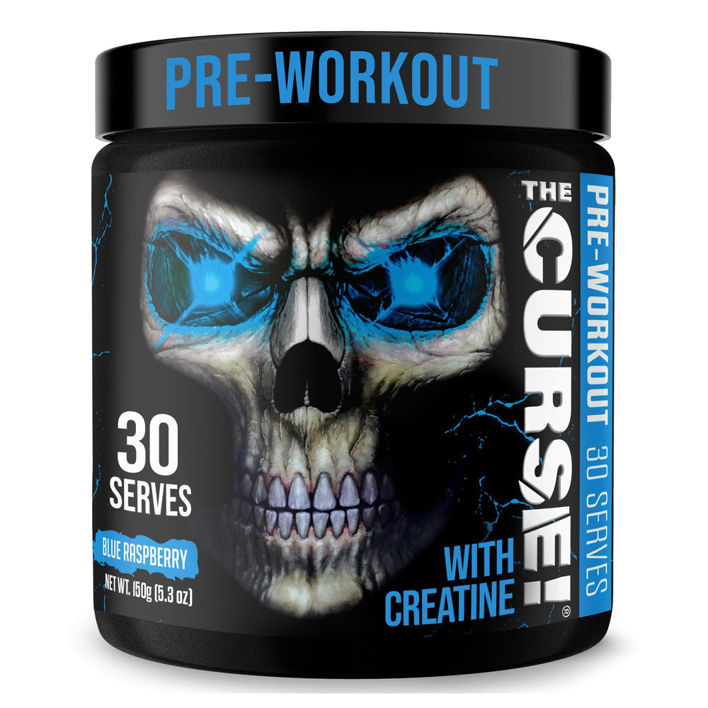 The Curse! bottle front view shows blue raspberry flavor for energized workouts.