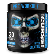 The Curse! bottle front view shows blue raspberry flavor for energized workouts.