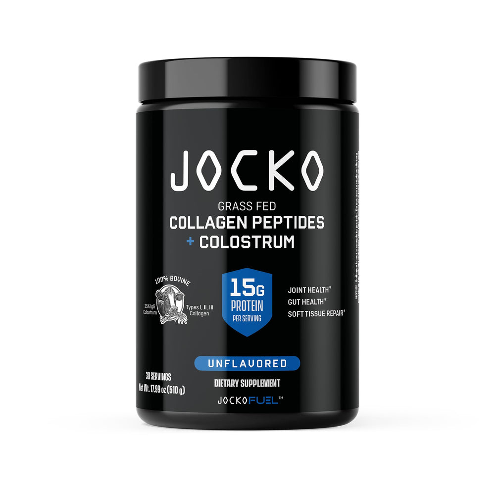 Jocko Fuel Collagen Colostrum tub label supports joints and gut health.