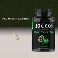 Jocko Fuel Digestive Enzymes ingredients panel shows lactase, phytase, and fiber-digesting enzymes.