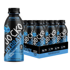 Jocko Fuel Hydrate blue raspberry bottle front view for on-the-go hydration